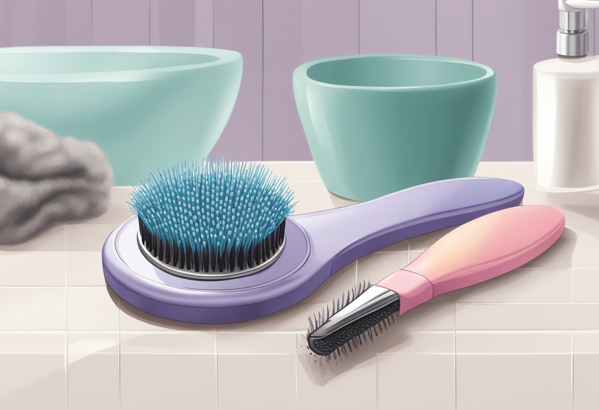 A woman's hairbrush with loose strands, scattered on a bathroom counter