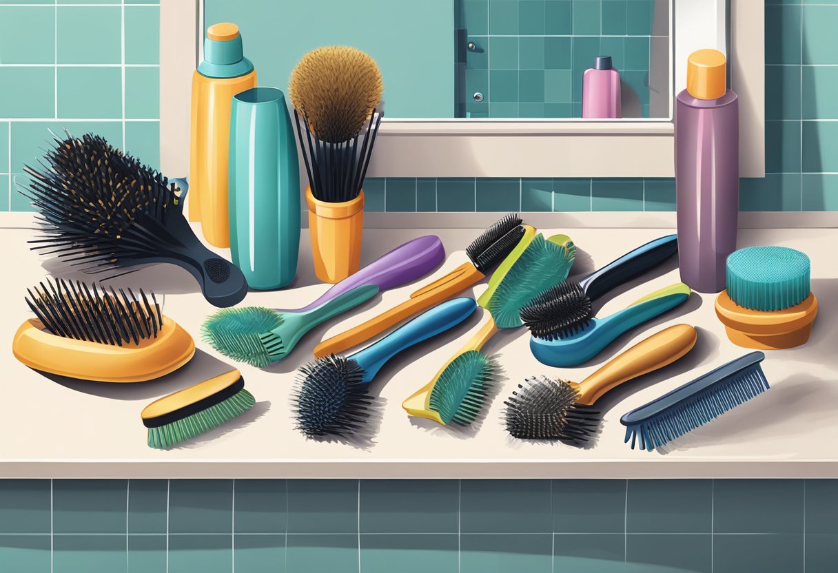 A pile of hairbrushes and combs scattered on a bathroom counter, with clumps of hair tangled in the bristles