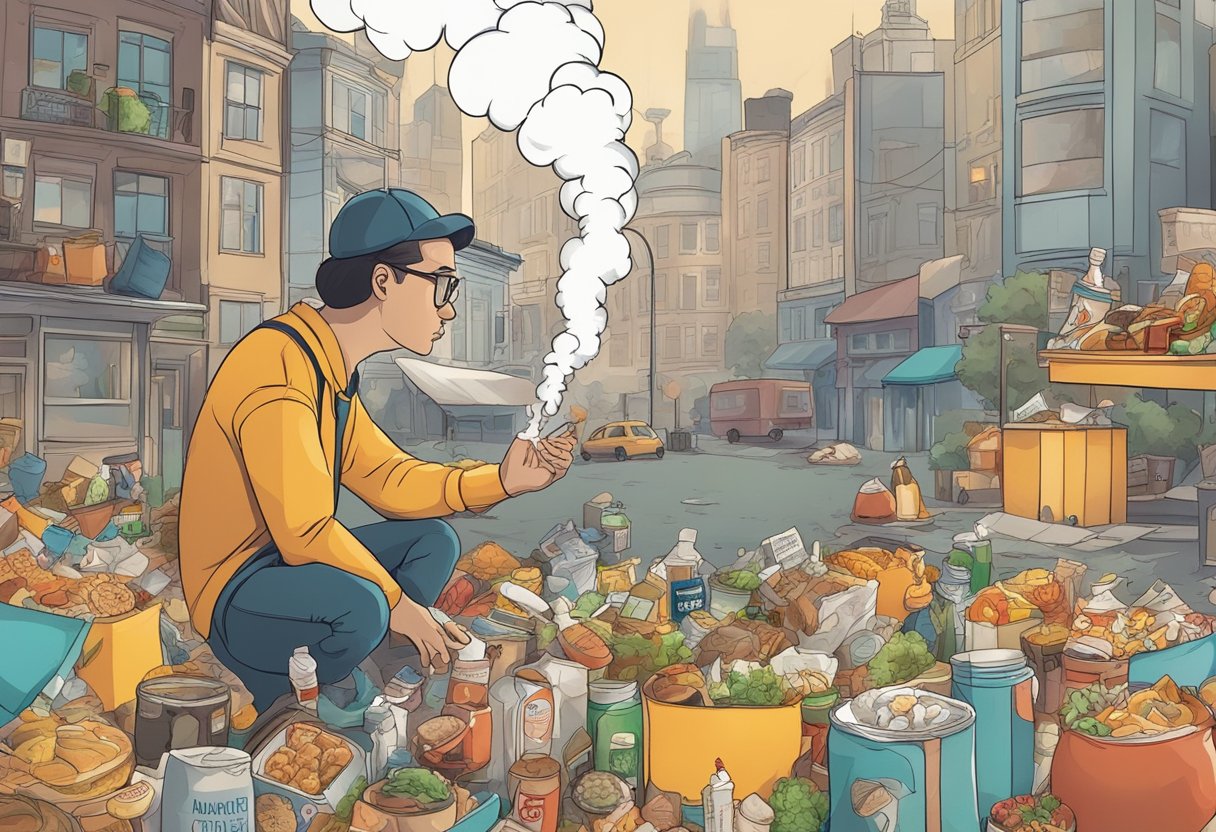 A stressed figure surrounded by pollution, smoking, and unhealthy food