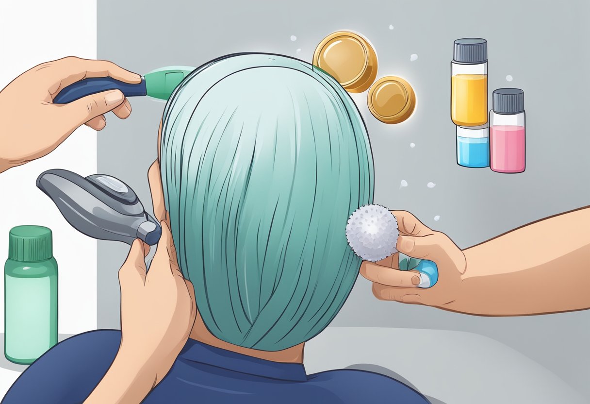 A person taking vitamins and using a scalp massager to prevent hair loss