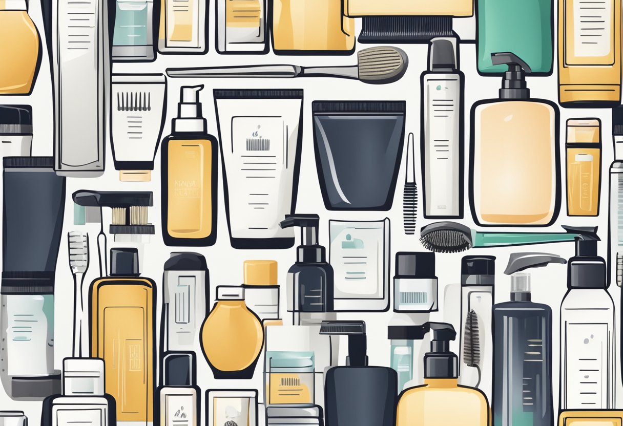 A collection of various hair care products and tools arranged neatly on a bathroom countertop, including shampoos, conditioners, scalp treatments, and a hairbrush