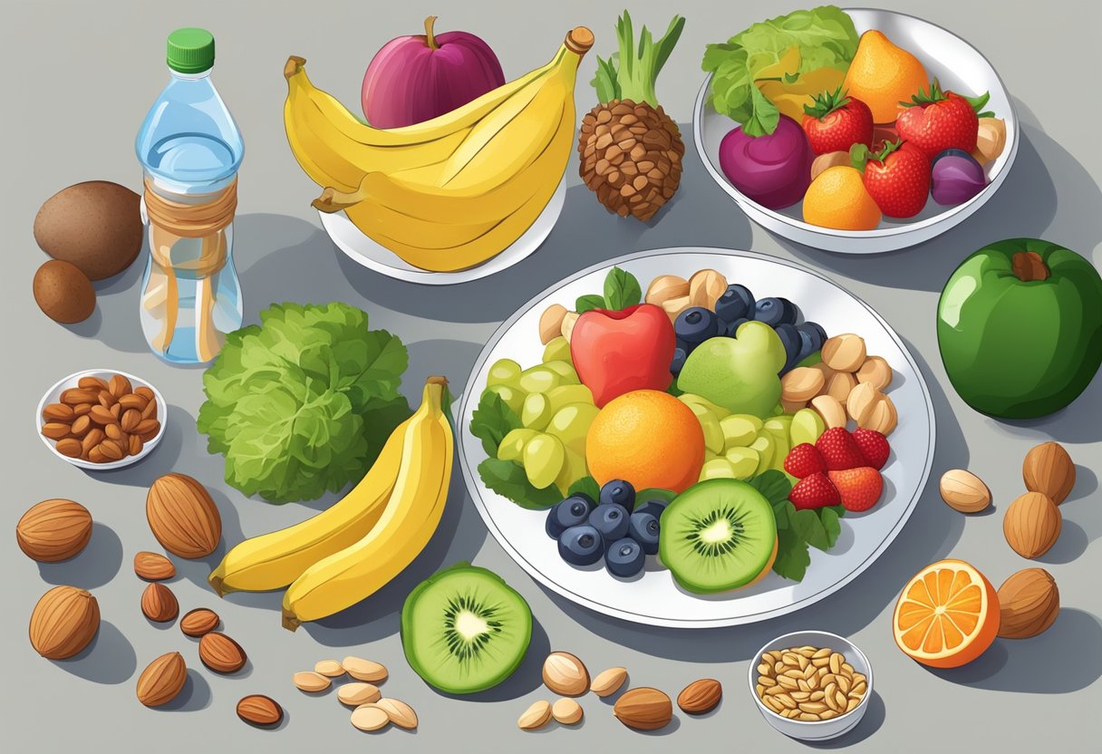 A variety of colorful fruits, vegetables, and nuts arranged on a table, with a bottle of water and a plate of lean protein