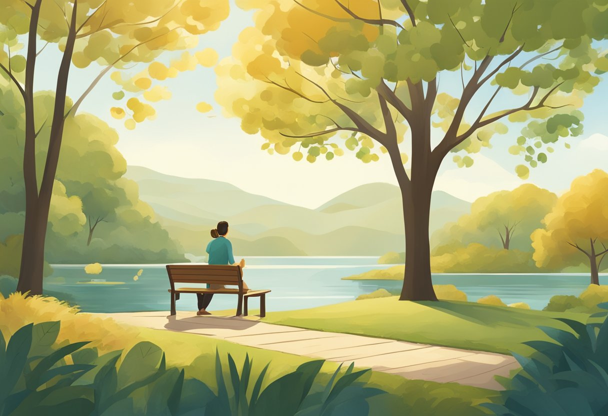 A serene outdoor setting with a figure engaging in healthy activities such as exercise, healthy eating, and stress reduction. The environment should reflect clean air and a natural landscape