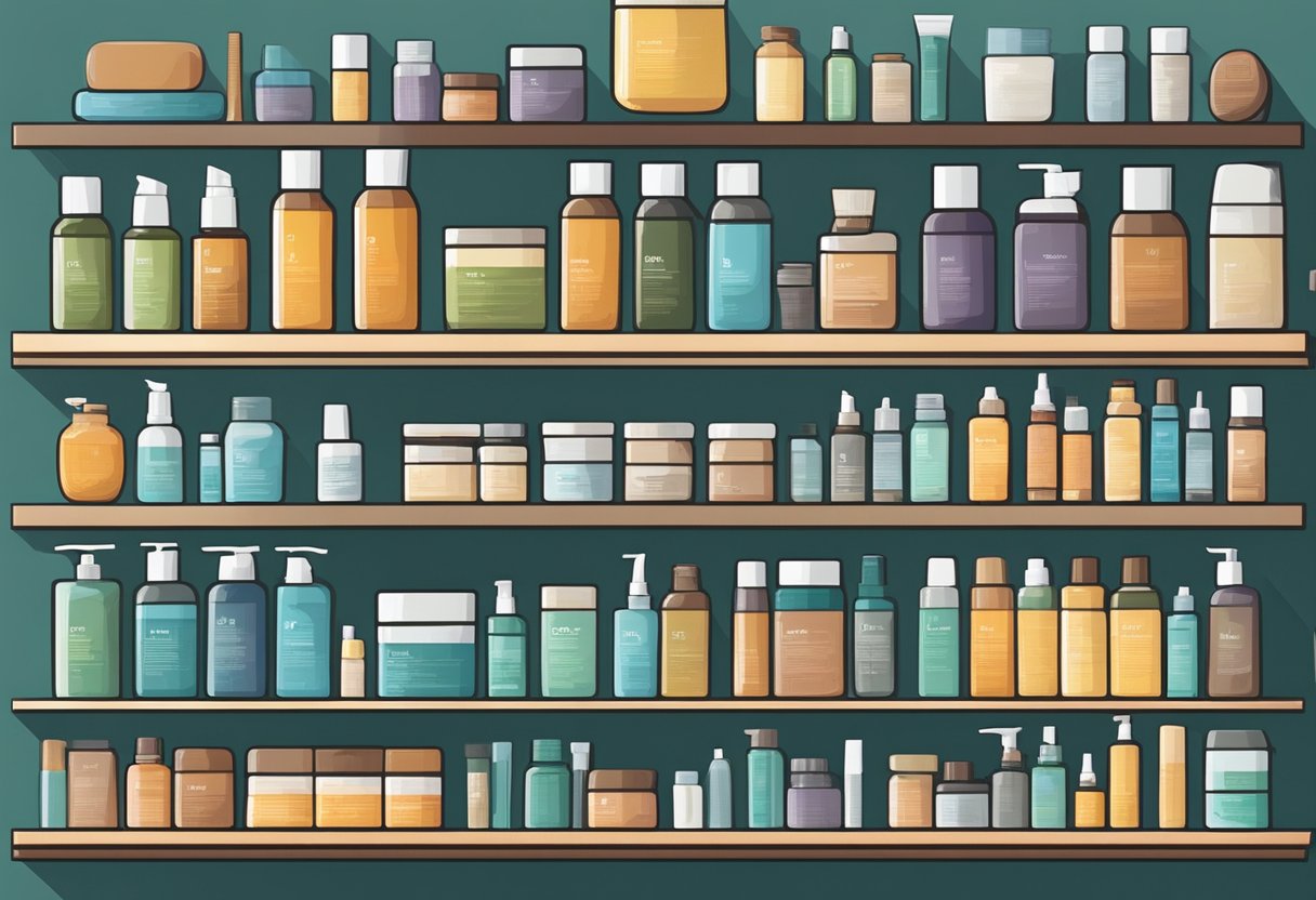 A variety of hair loss treatments displayed on a shelf, including shampoos, serums, and vitamins, with a magnifying glass nearby for closer inspection