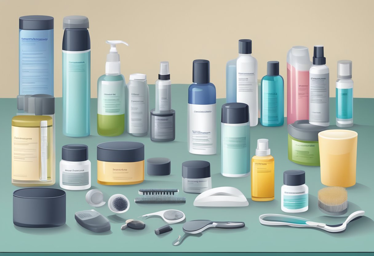 A table with various hair loss treatment options, including medications, shampoos, and devices, displayed in a clinical setting