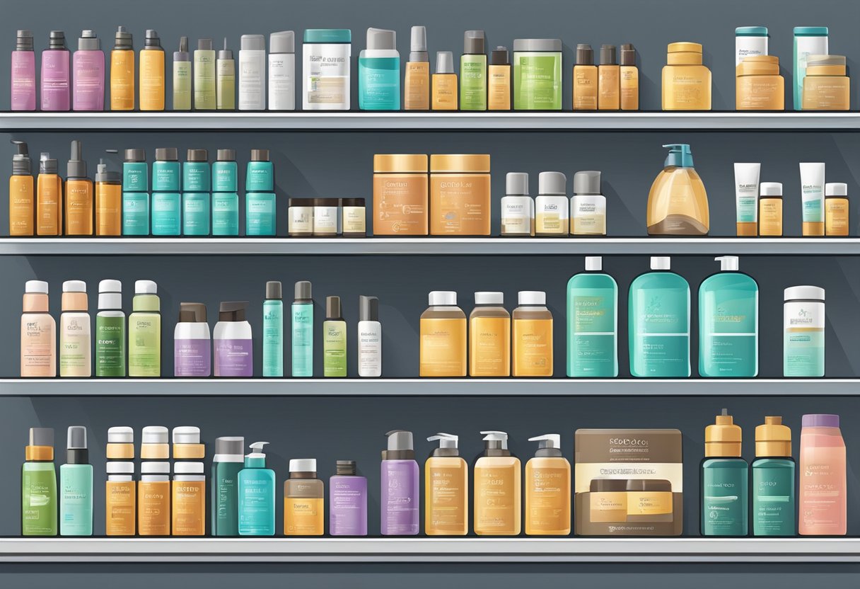 A variety of OTC hair loss treatment products displayed on shelves in a pharmacy or store