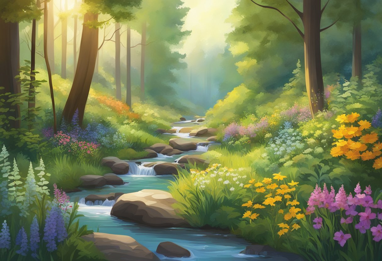 A serene, sun-dappled forest clearing with a stream and lush greenery, surrounded by vibrant wildflowers and herbs