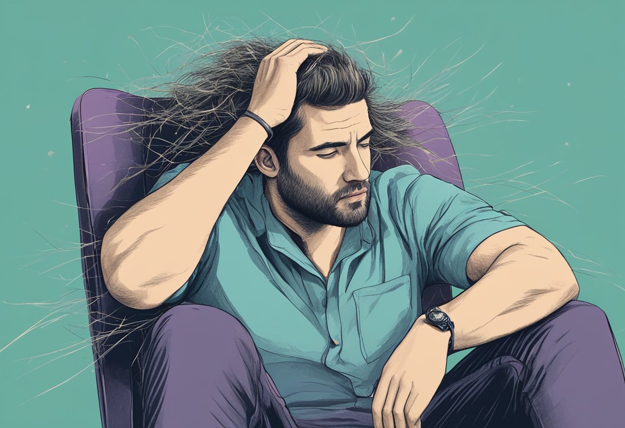 A person sitting in a chair, surrounded by scattered hair strands and looking stressed while holding their head in their hands