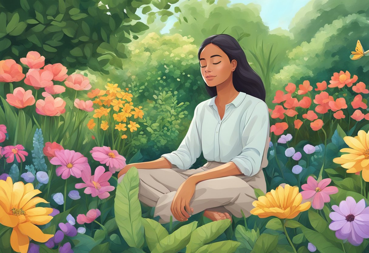 A person sitting in a peaceful garden, surrounded by lush greenery and colorful flowers, with a serene expression on their face