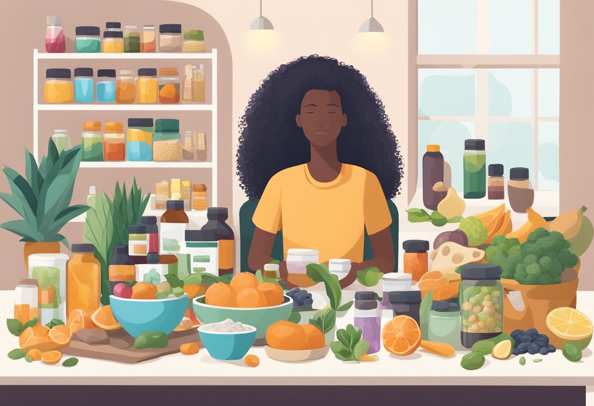 A person sitting at a table filled with healthy foods and supplements, surrounded by hair care products and stress relieving items