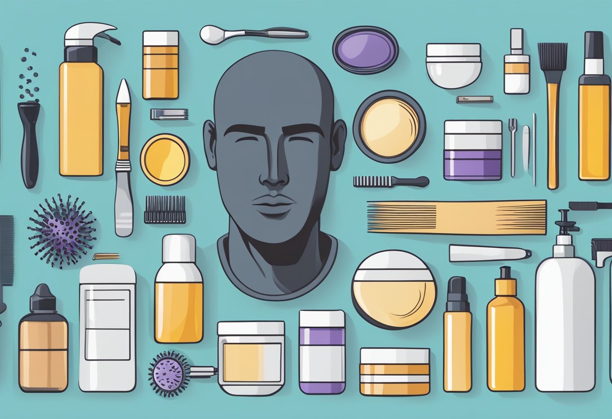 A person's head surrounded by various hair loss treatment products and tools