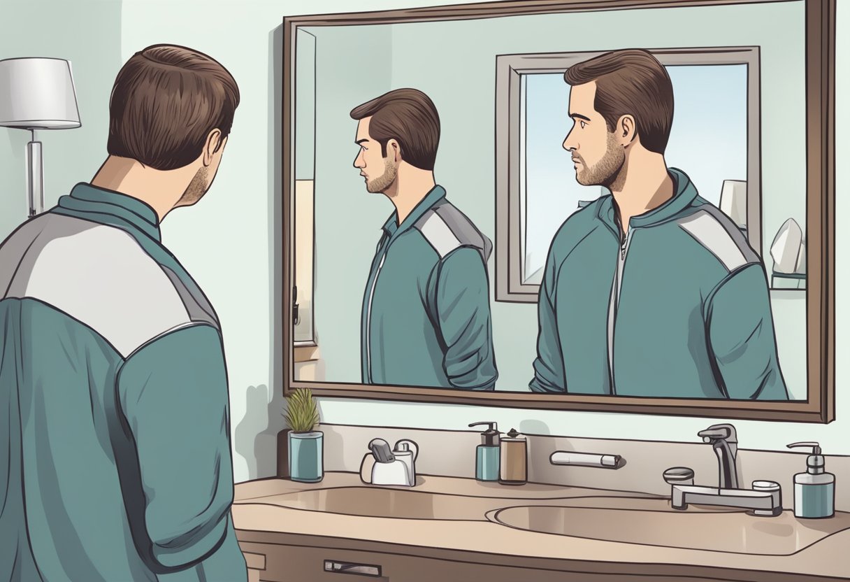 A person standing in front of a mirror, looking at their thinning hair with a concerned expression