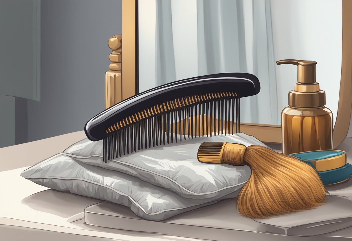 A clump of hair lies on a pillow next to a comb and mirror