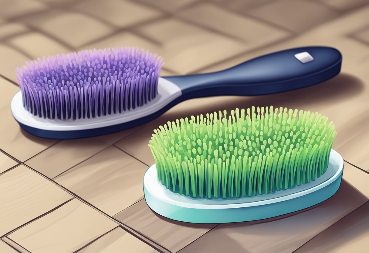 A close-up of a hairbrush with strands of hair tangled in the bristles, scattered on a bathroom counter