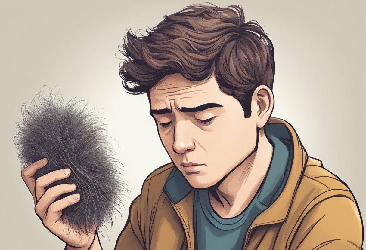 A person looking at clumps of hair in their hand, with a worried expression on their face