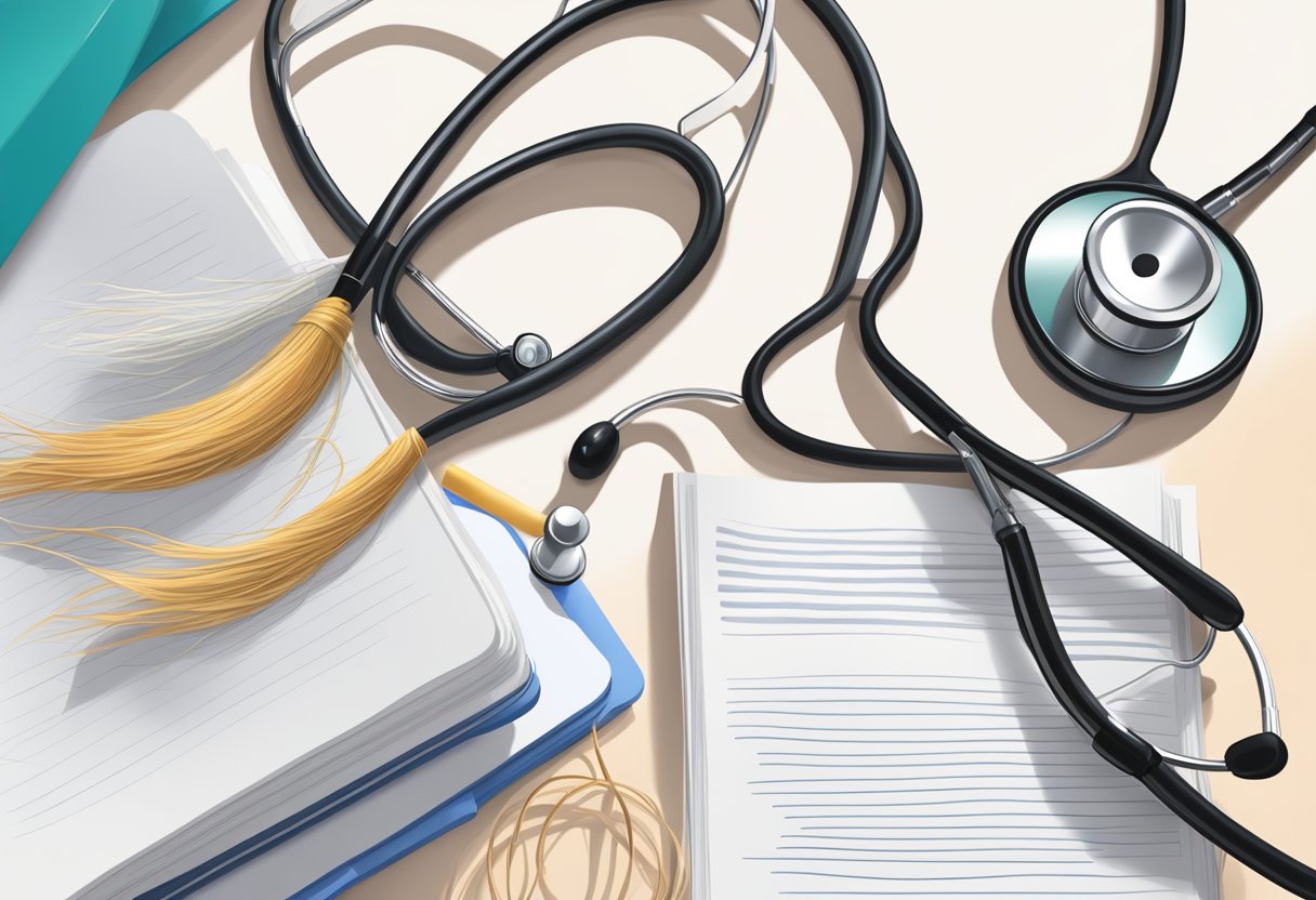 A pile of fallen hair strands next to a doctor's stethoscope and medical textbook