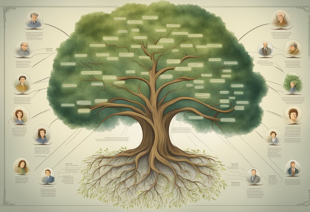 A family tree with branches representing generations, showing the inheritance of hair loss genes