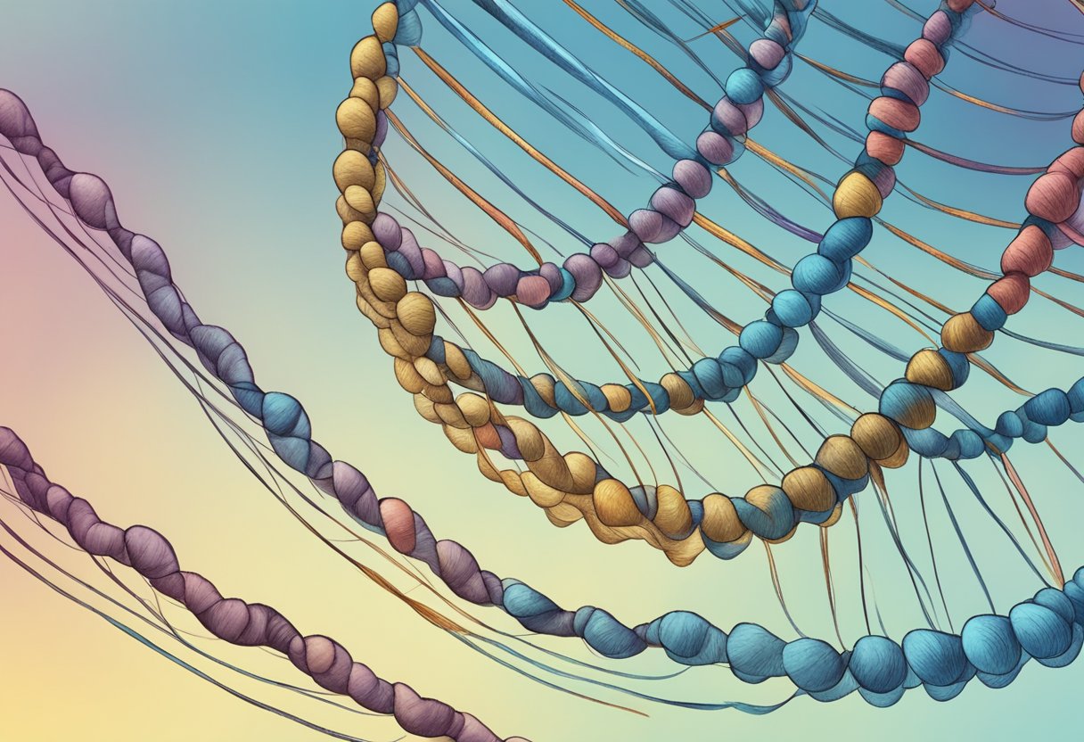 A DNA double helix surrounded by hair follicles, with one strand showing genetic markers for hair loss