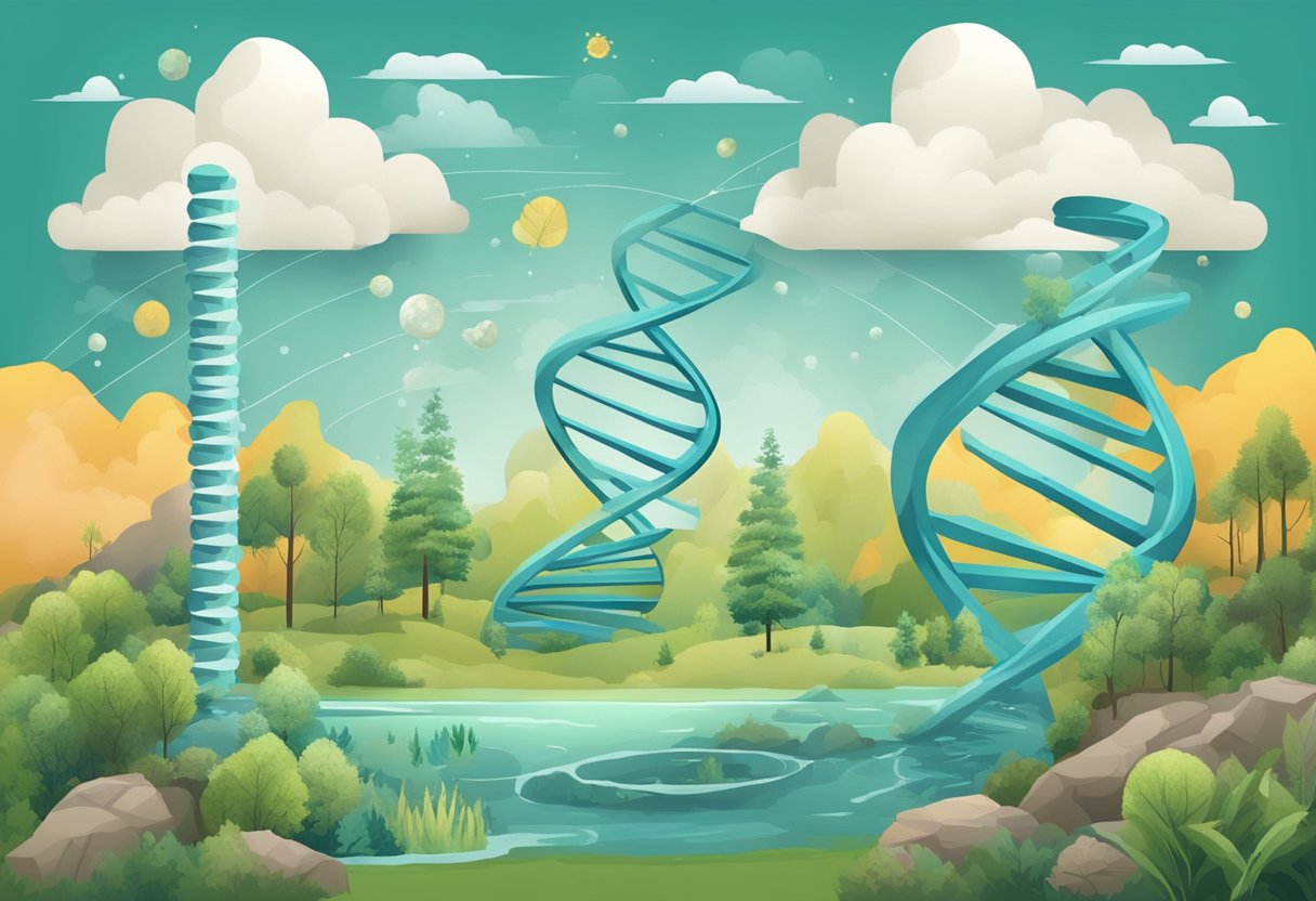 A DNA double helix surrounded by environmental elements like pollution, stress, and aging