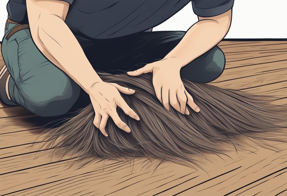 A pile of fallen hair on a wooden floor with an itchy scalp being scratched by a hand