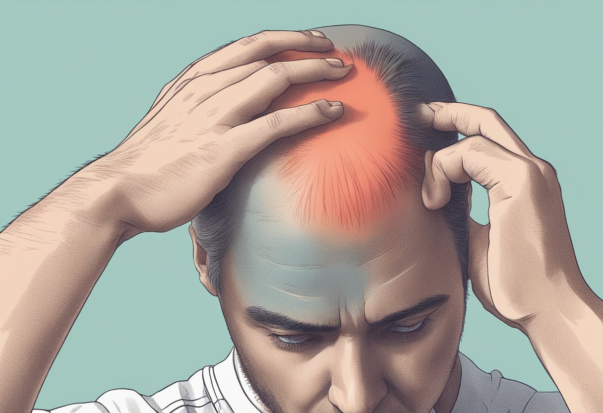 A close-up of a scalp with patchy hair loss and red, inflamed areas, with a person scratching their head