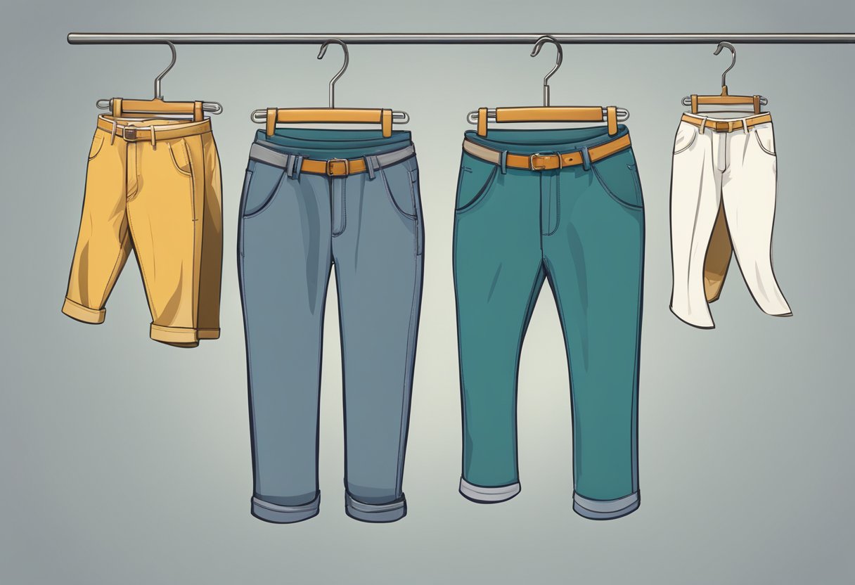 A pair of pants hanging loose on a hanger, with a visible gap at the waistline