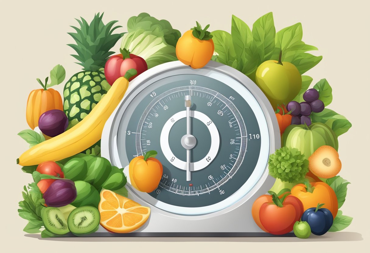 A scale with a measuring tape wrapped around it, surrounded by various fruits and vegetables