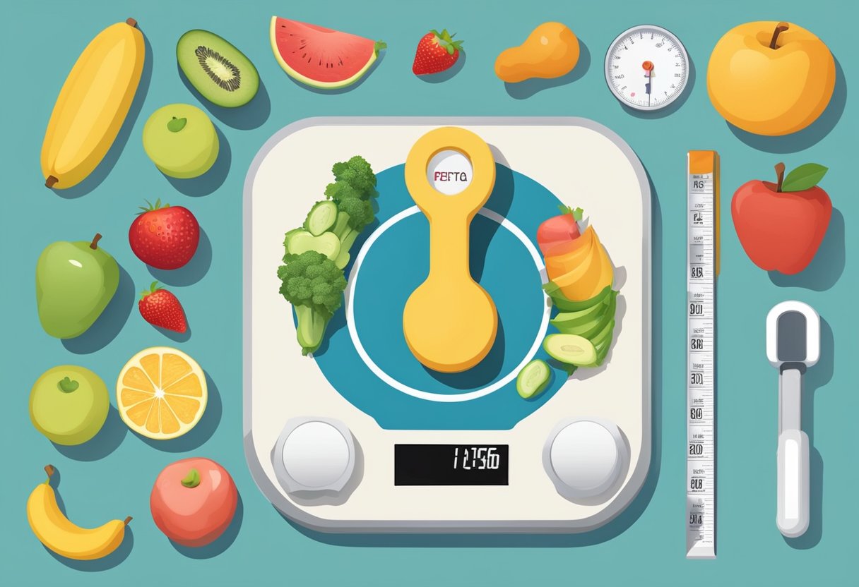 A scale with a lower weight reading, surrounded by workout equipment and healthy food