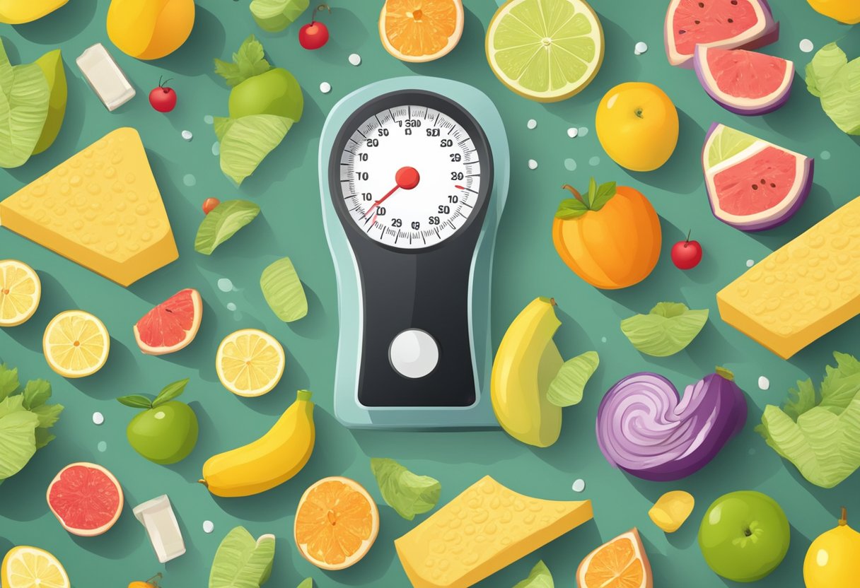 A scale with fluctuating numbers, surrounded by measuring tape and healthy food