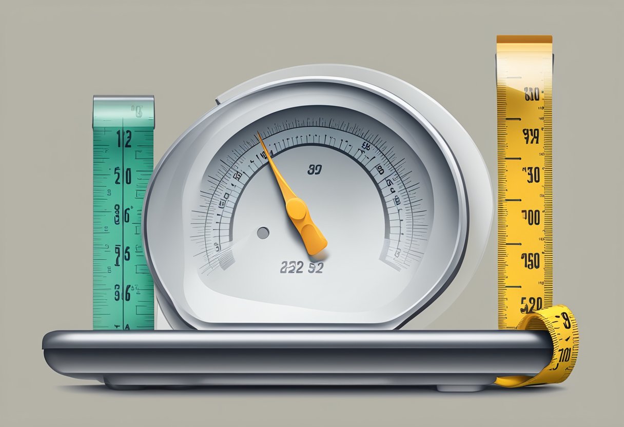 A scale with decreasing numbers and a measuring tape beside it