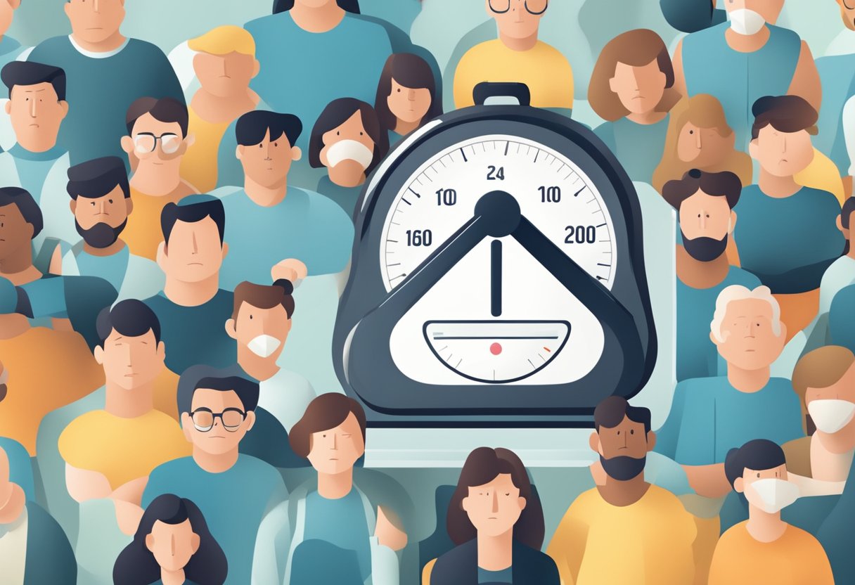 A scale with a decreasing number display, surrounded by concerned faces