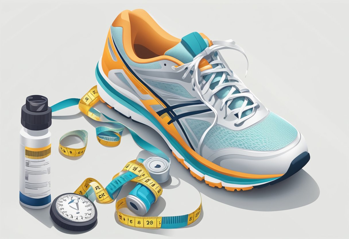 A bottle of weight loss pills surrounded by measuring tape and a pair of running shoes on a clean, white surface