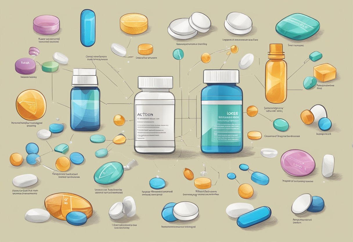 A variety of weight loss pills arranged with accompanying diagrams showing their mechanisms of action