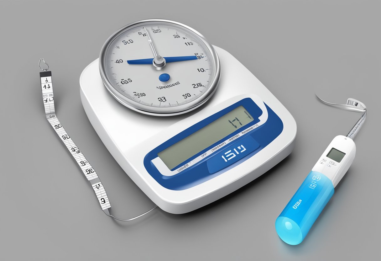 A scale with a decreasing number on the display, next to a glucose meter with a decreasing blood sugar reading