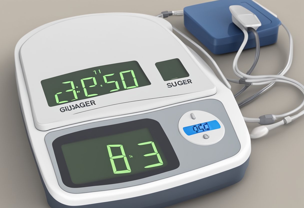 A scale displaying decreasing numbers next to a blood sugar monitor showing lower levels