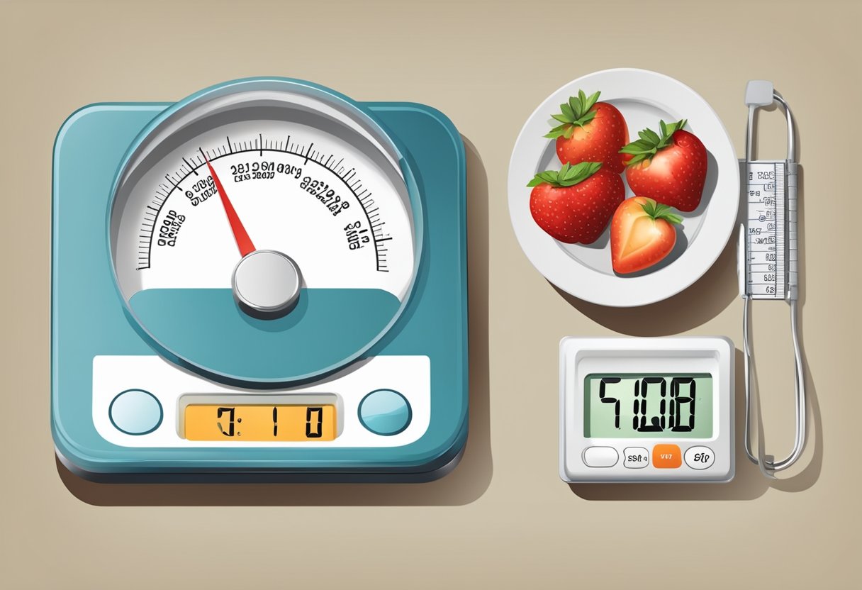 A scale with decreasing numbers, a blood sugar monitor with decreasing readings, and a healthy meal on a plate