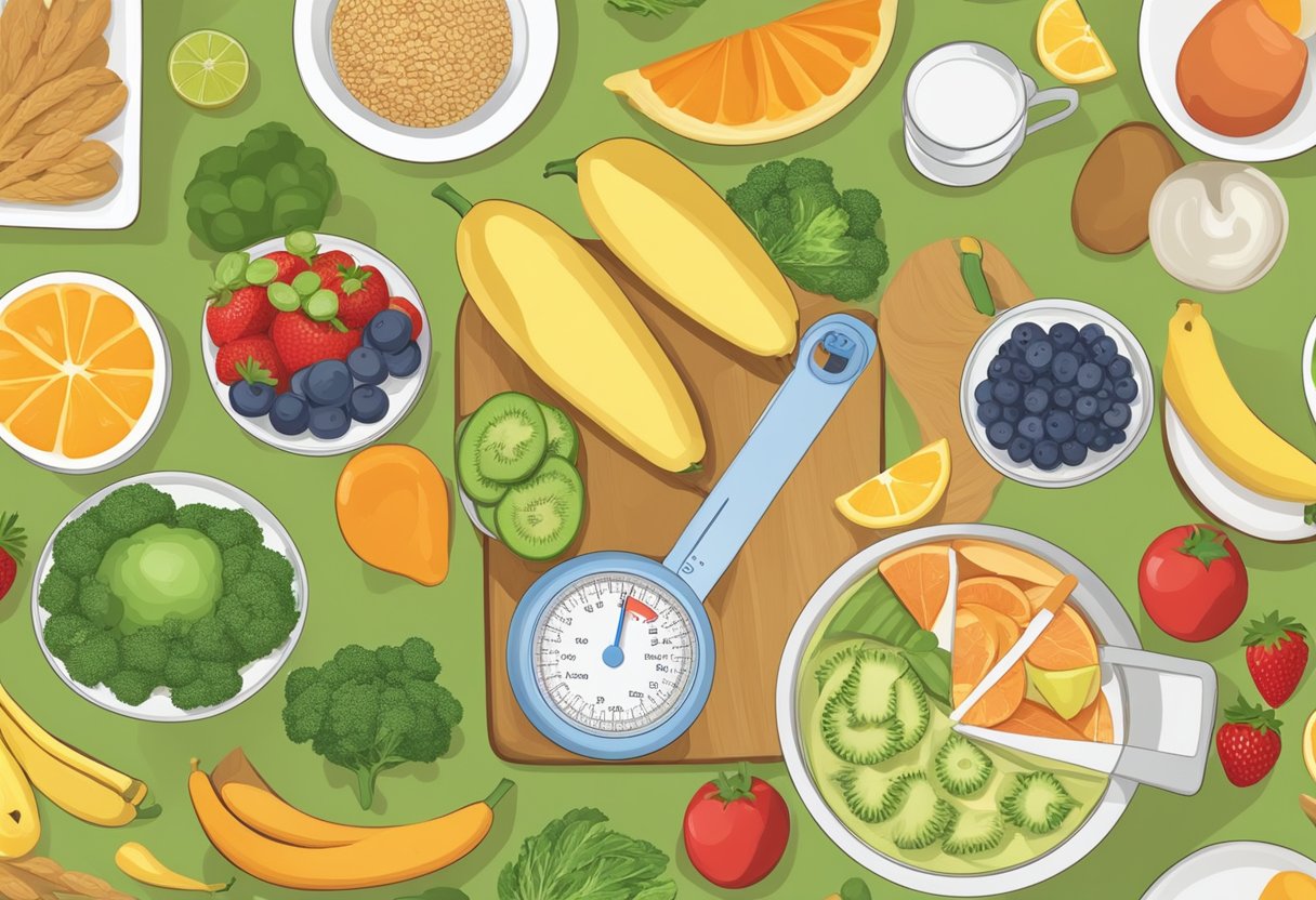 A person measuring out portions of healthy foods with a scale and measuring cups, surrounded by fruits, vegetables, and whole grains