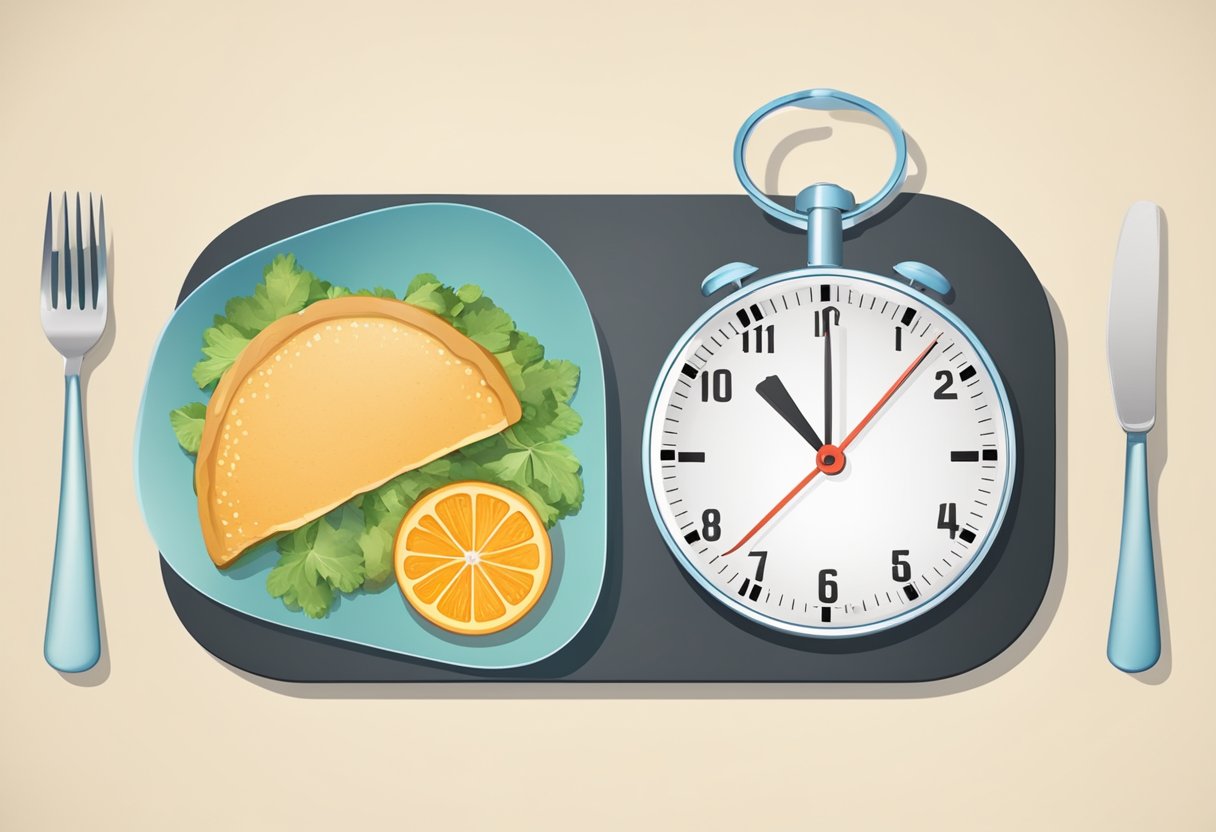 A clock with a food plate and a scale, showing a decrease in weight over time due to intermittent fasting