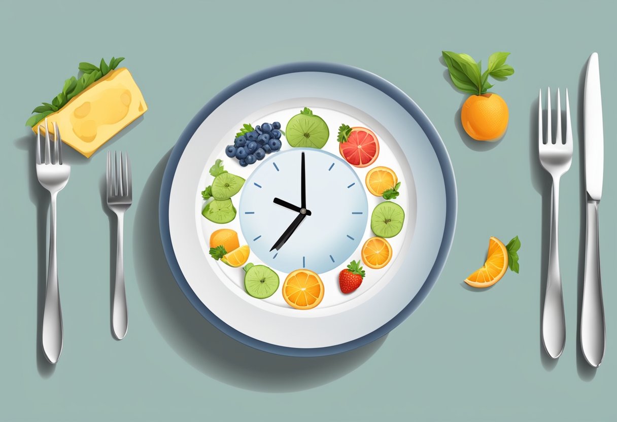 A clock showing different times of day with an empty plate and then a plate with healthy food