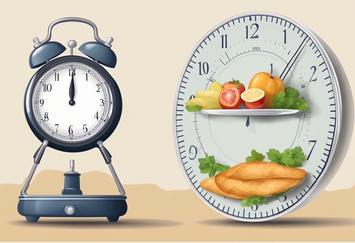 A clock showing different time intervals, a scale with decreasing numbers, and a plate with food on one side and an empty plate on the other