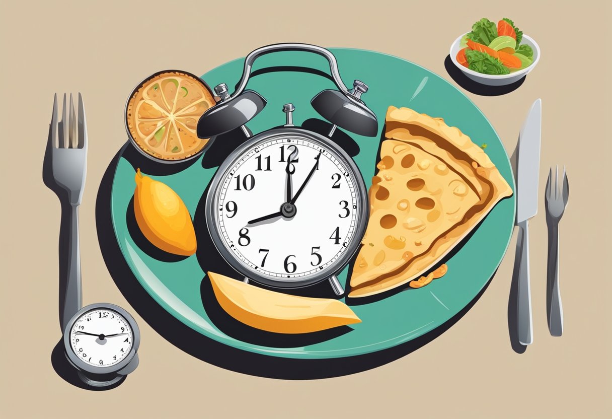 A clock showing the passage of time, a plate of food being consumed, and a scale displaying decreasing numbers