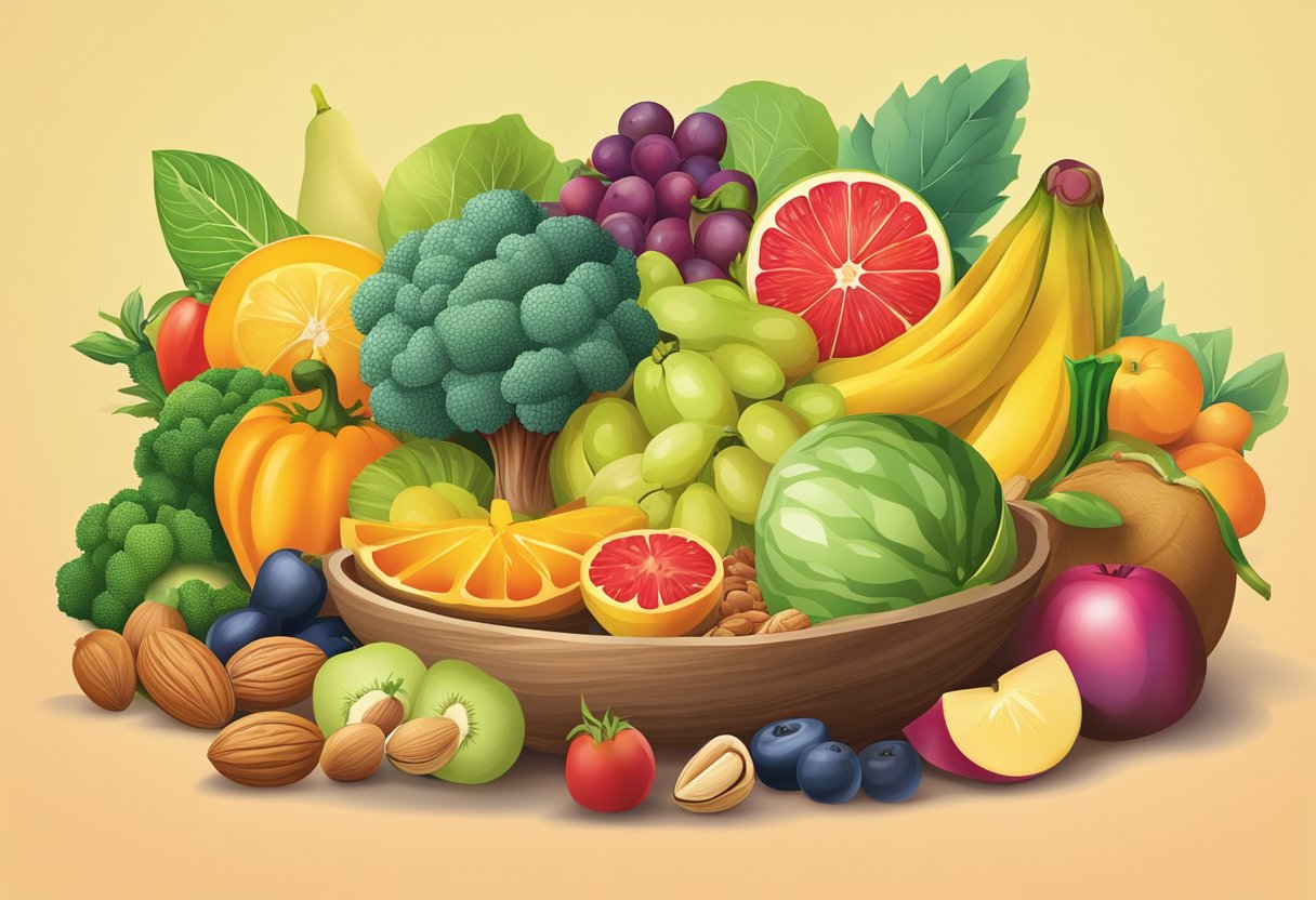 A colorful array of fruits, vegetables, nuts, and grains arranged in a balanced and appealing composition