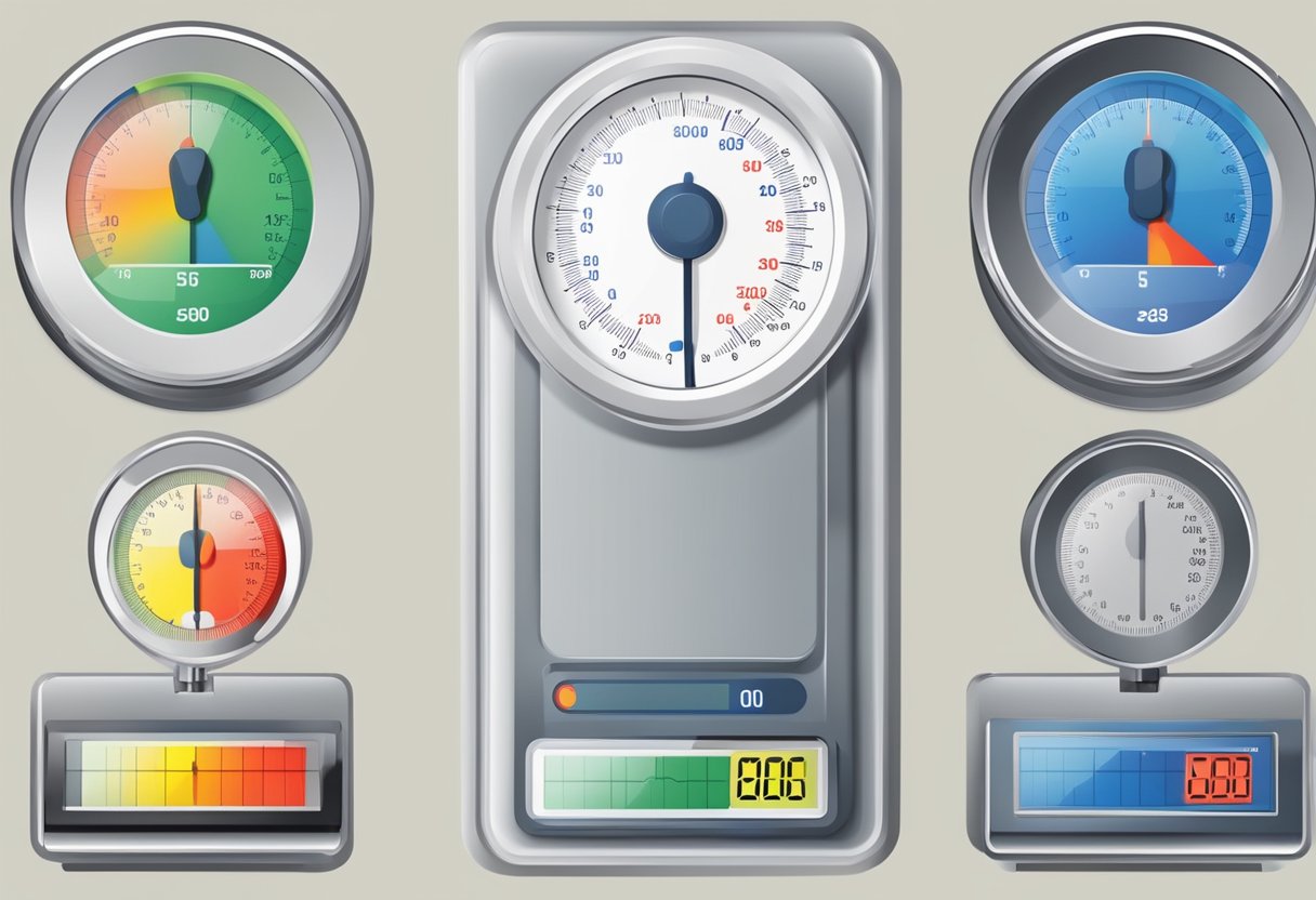 A scale with a decreasing number display, surrounded by a blood pressure monitor showing low readings