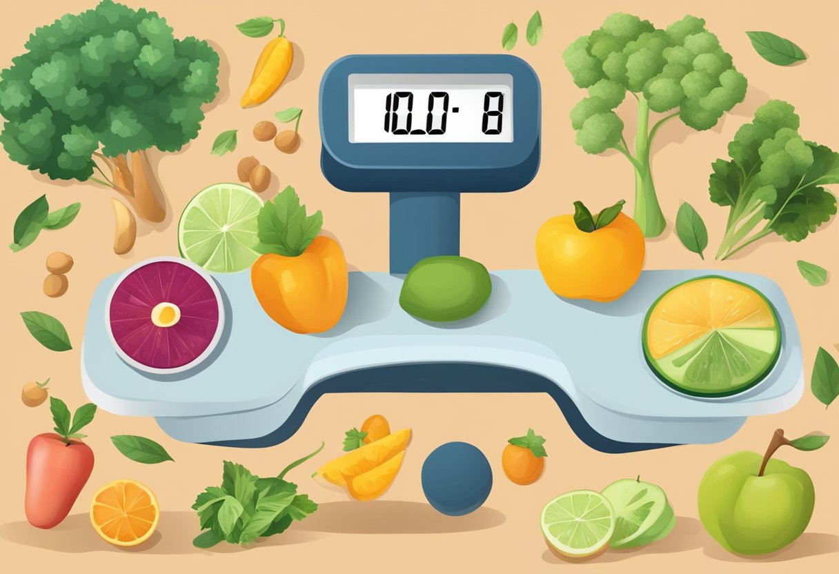 A scale with a decreasing number display, surrounded by healthy food and exercise equipment