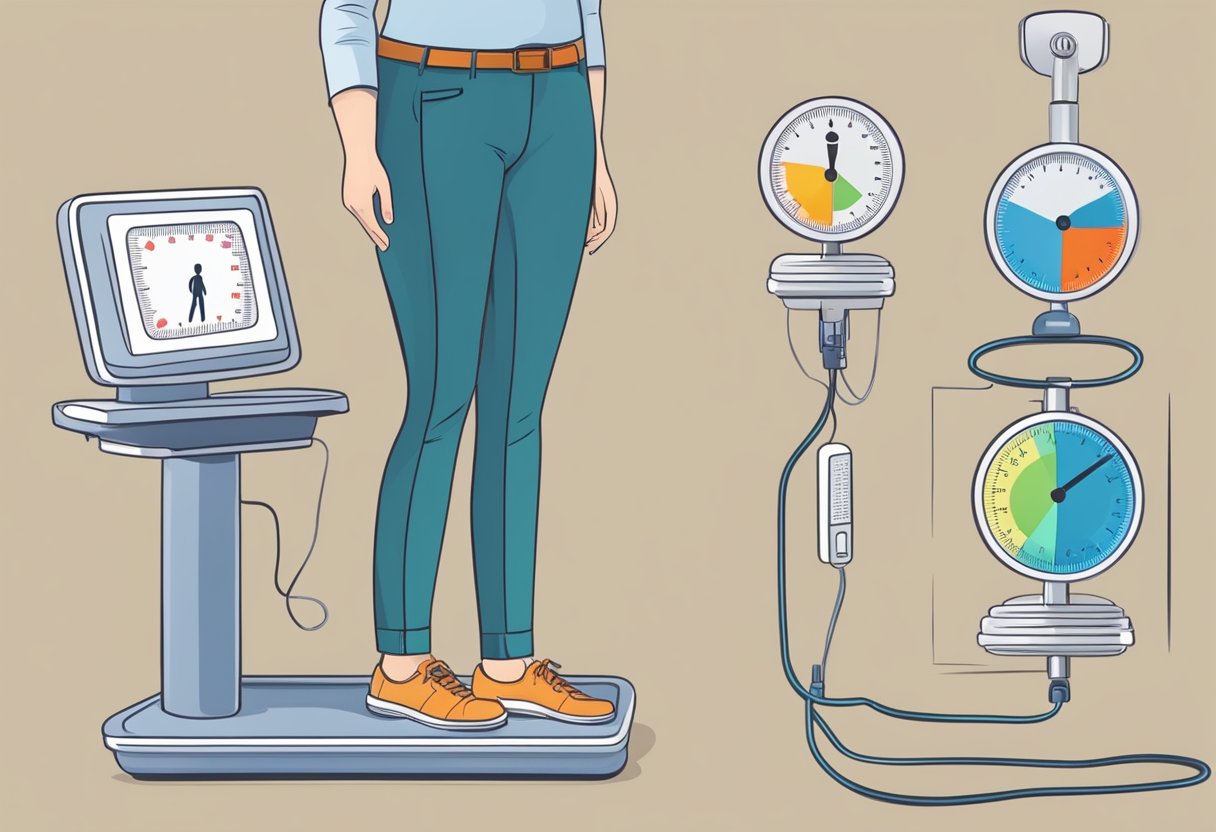 A slender figure standing on a scale, with a downward arrow indicating weight loss. A blood pressure monitor showing a low reading