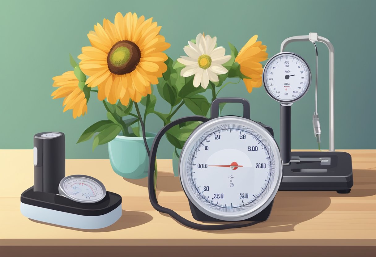 A person's scale, a measuring tape, and a blood pressure monitor arranged on a table, with a wilted flower in the background