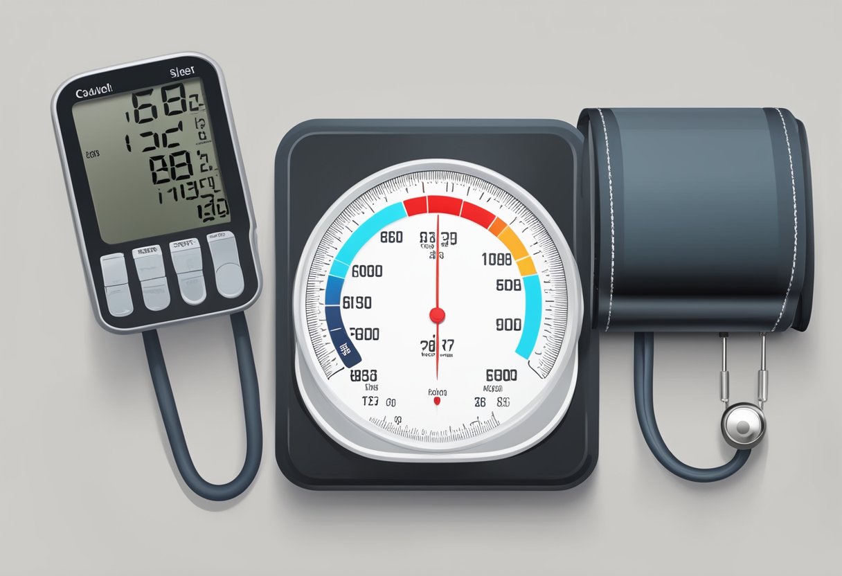 A scale next to a blood pressure monitor, with a downward trend on the scale and low numbers on the blood pressure monitor