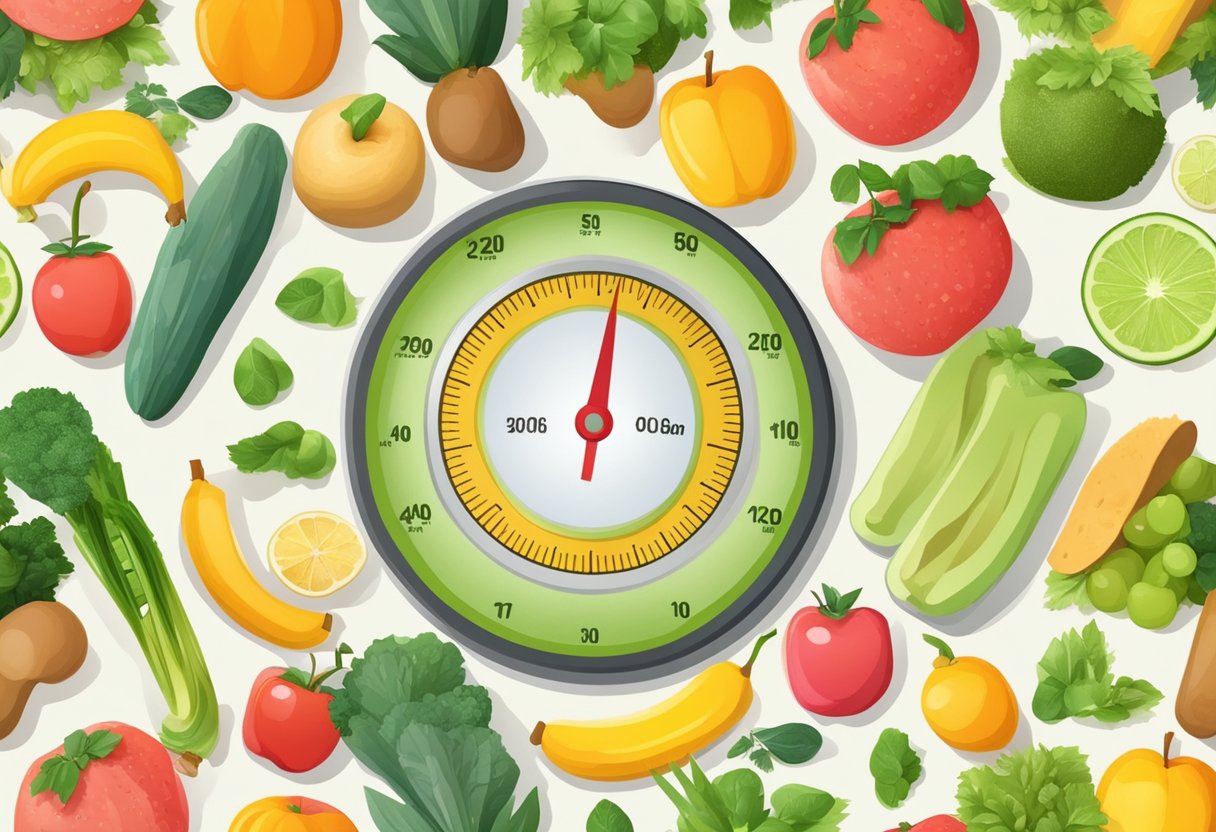 A scale with a decreasing number on the display, surrounded by healthy food and a measuring tape