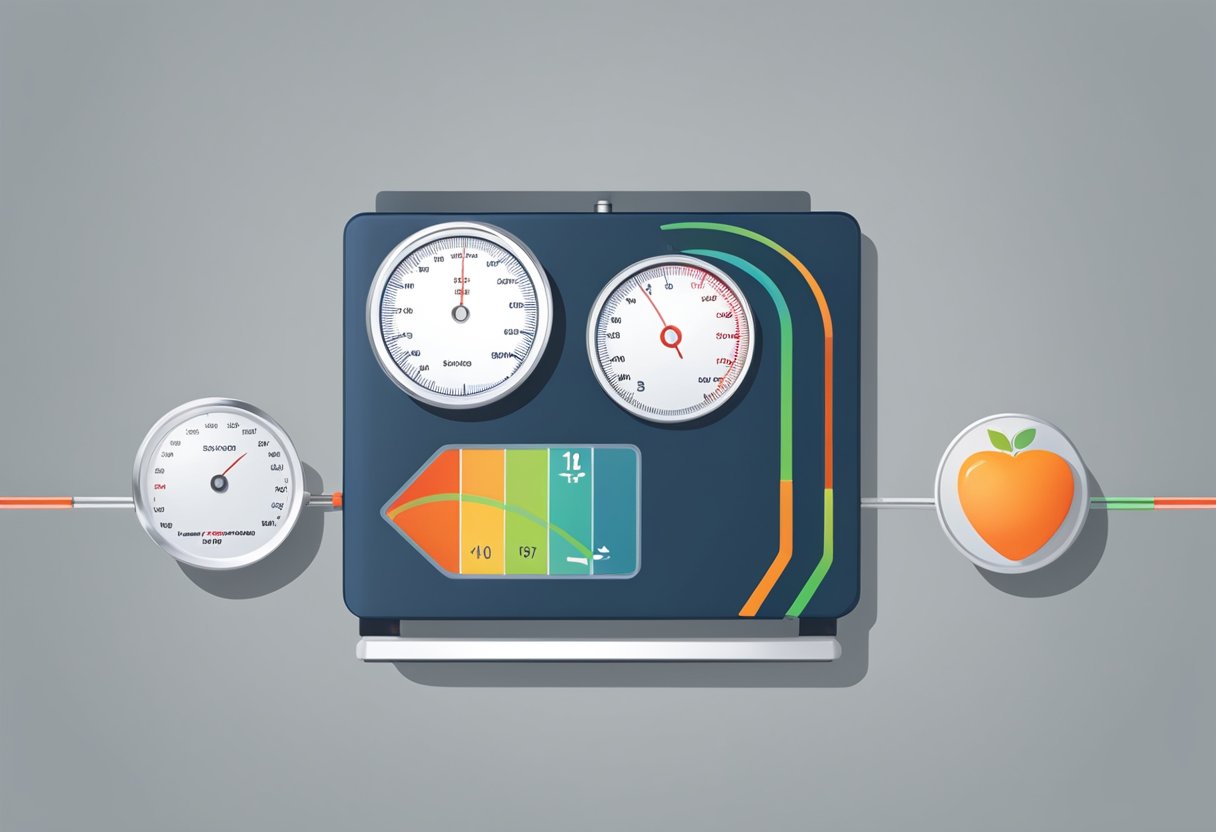 A scale and blood pressure monitor side by side, with a downward arrow symbolizing weight loss and a downward trend line on the blood pressure monitor