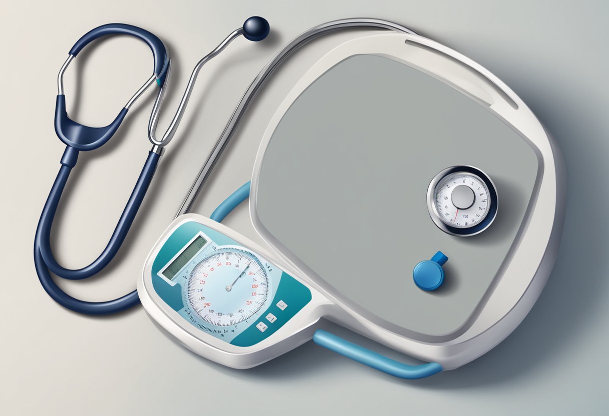 A scale with a decreasing number display, surrounded by medical equipment and a doctor's stethoscope